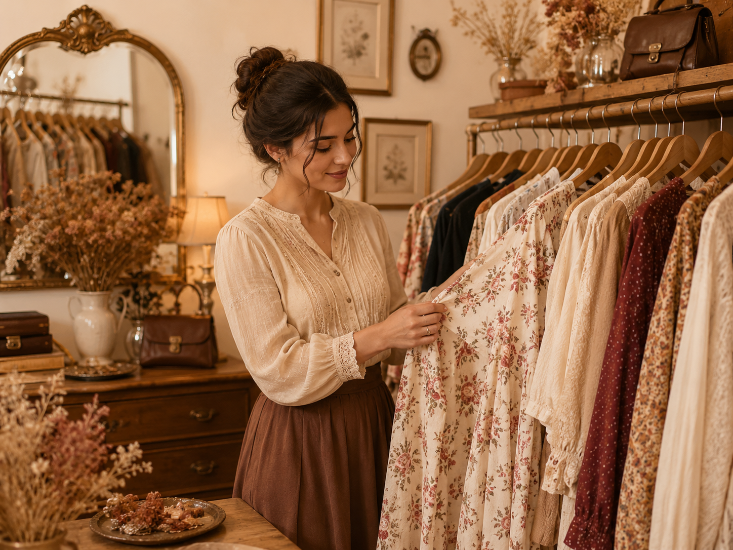 Curadoria de roupas em um brechó de estilo vintage